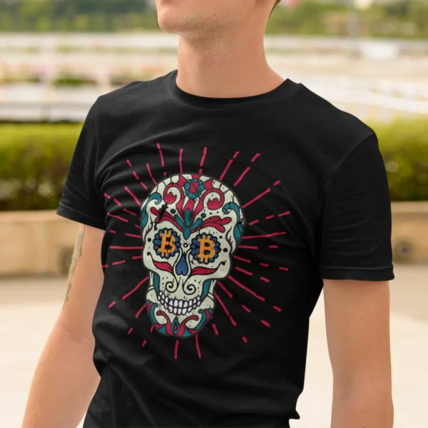 Crypto t-shirts for men and women - Sugar Skull BTC